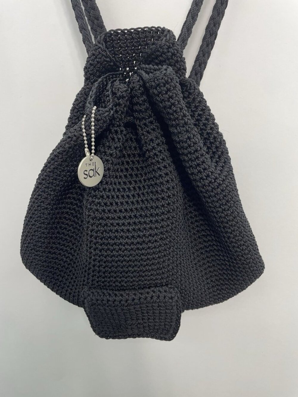The Sak Dylan Knit Backpack Cinch Bucket Bag Crocheted Boho Black